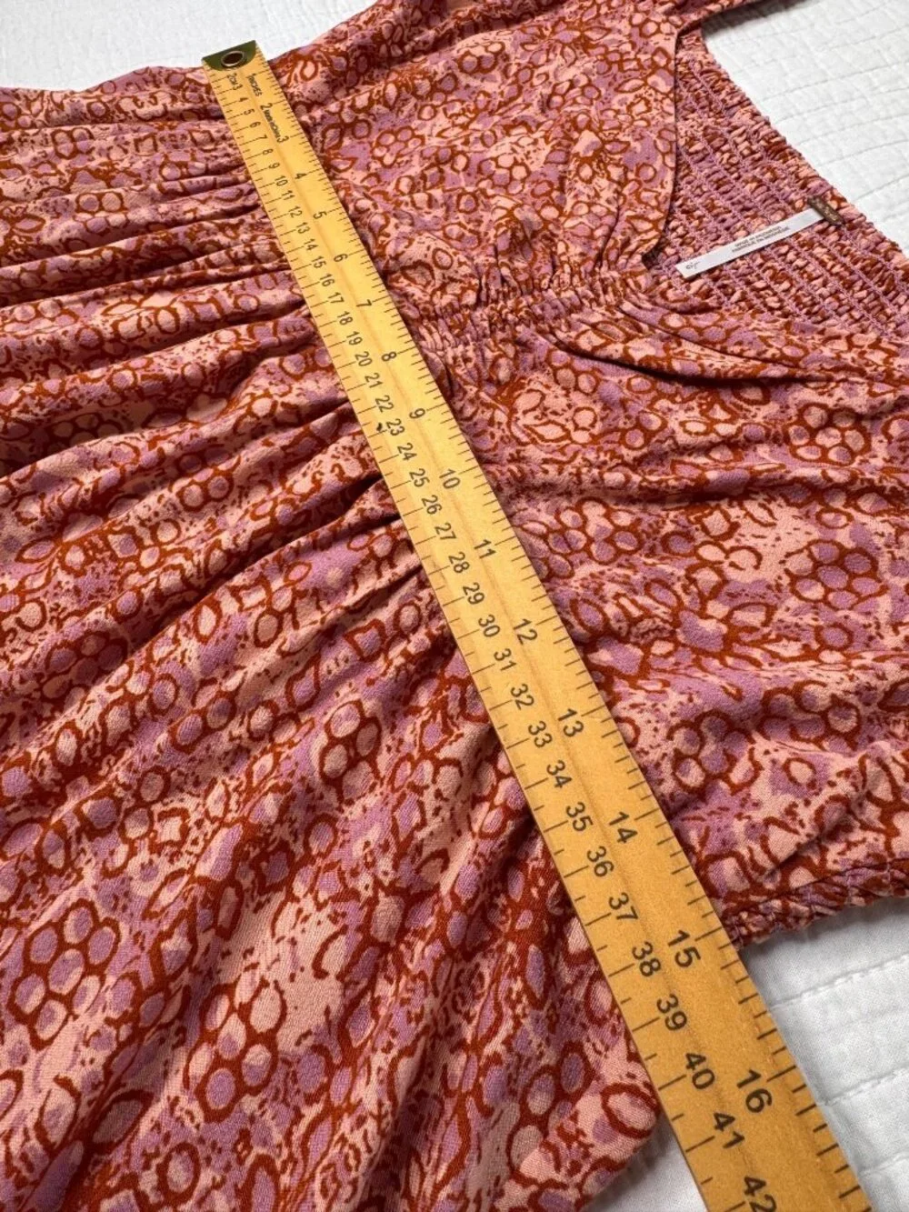 Free People Tabitha Babydoll Mini Dress Orange Pink SZ L Smocked Back Pockets - Picture 10 of 10
